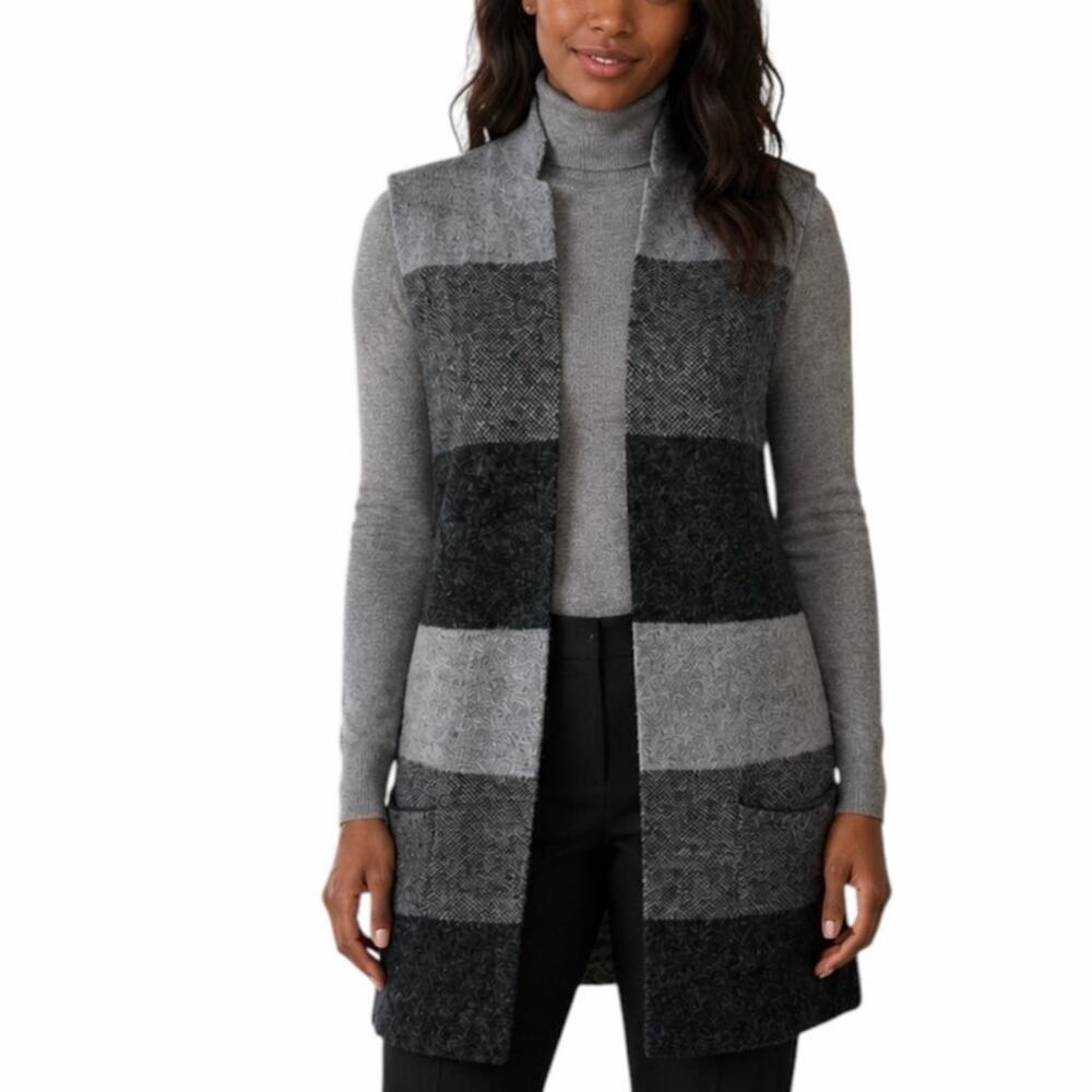 Evolution by Cyrus Corie Sweater Women’s Size Xl Black Gray Stripe Open Cardigan